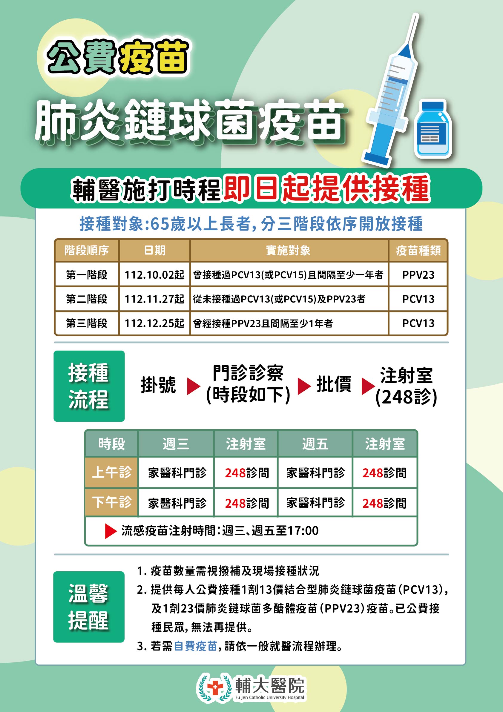 【公費肺炎鏈球菌疫苗施打公告-2023.12.20】